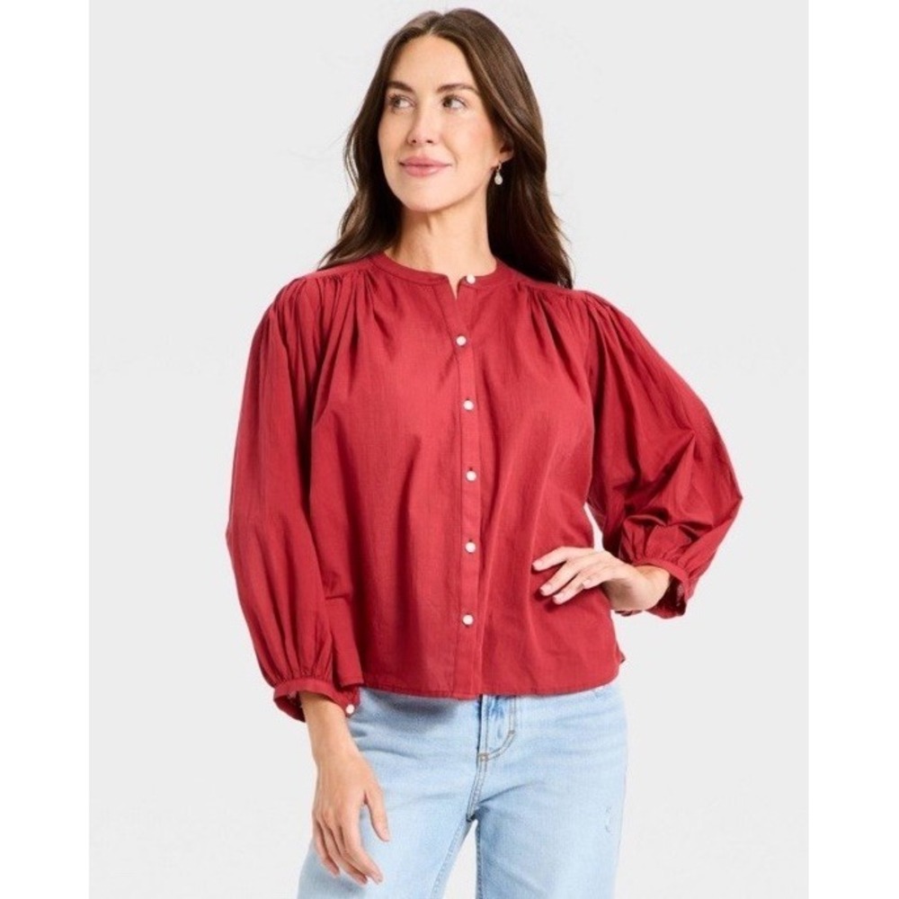 Women's Size Medium Puff Long Sleeve Banded Collar Neck Blouse  Universal Thread
